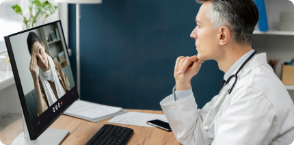 Provider offering a compassionate telehealth consultation.